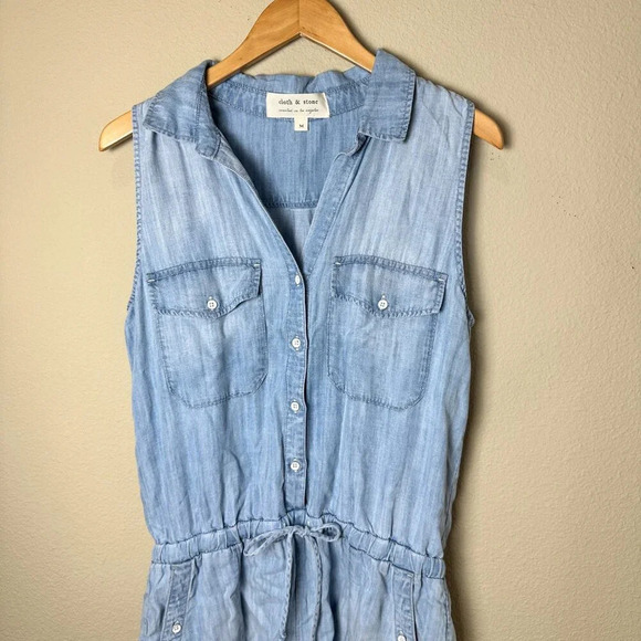 CLOTH & STONE Chambray Denim Lyocell Romper Shorts Set - size Medium - Picture 4 of 7